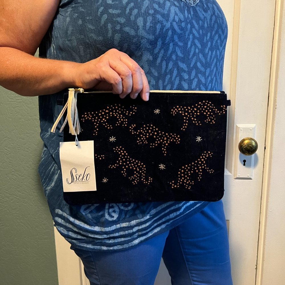 NEW Velvet Cheetah Pouch - Dark Navy - Embroidered Cheetahs Stars